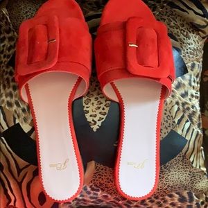 J Crew red suede buckled flat slide